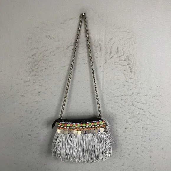 Elliot Mann Purse Beaded Fringe Coin Indie Firefly Boho Art to Wear Retro - Picture 3 of 16